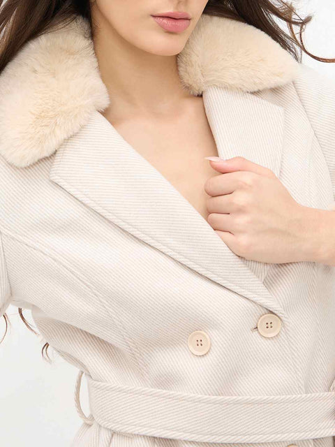 Madame Notch Lapel Neckline Belted Beige Long Coat