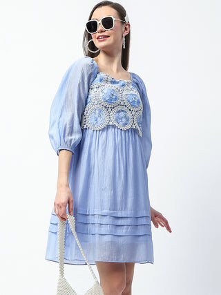 Madame Printed Powder Blue Tencel Blend Crochet Midi Dress