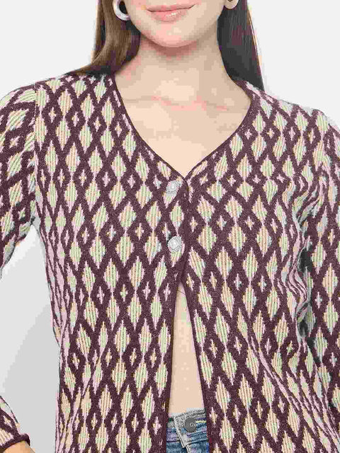 Madame Geometric Print Button Up Wine Red Cardigan