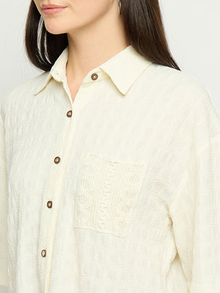 Madame Textured Pocketed Off White Shirt