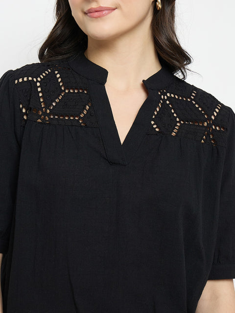 Madame Schiffli Detailing Black Cotton Top