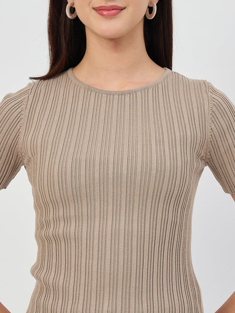 Madame Ash Grey Self-Striped Viscose Knit T-Shirt