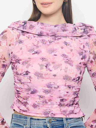 Madame Floral Print Off Shoulder Pink Mesh Top