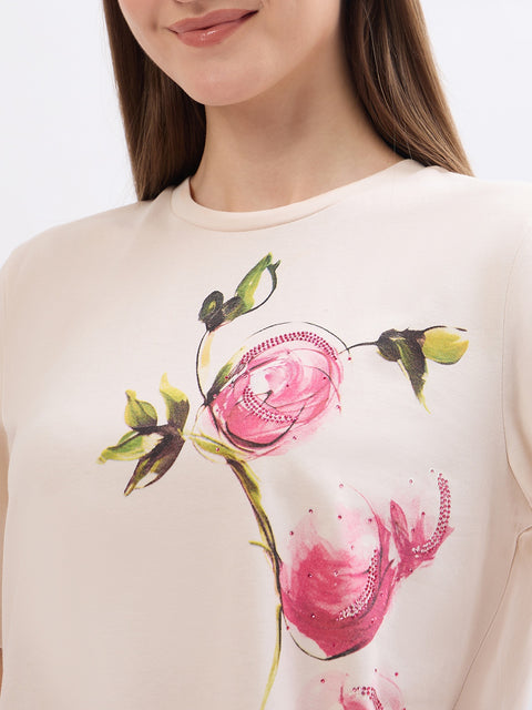 Madame Printed Beige Cotton T-Shirt