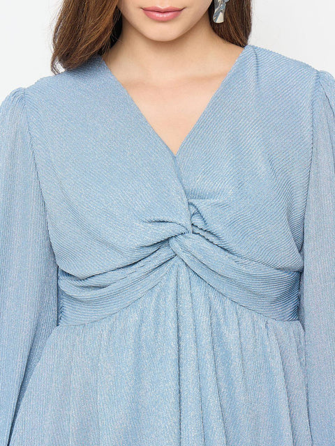 Madame Surplice Neck Blue Co-ord Set featuring a flattering surplice neckline and elegant draping.