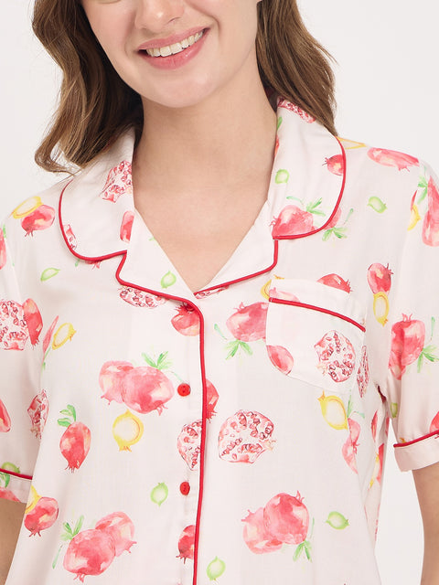 mSECRET Orange Printed Rayon Spread Collar Short Sleeve Night Suit