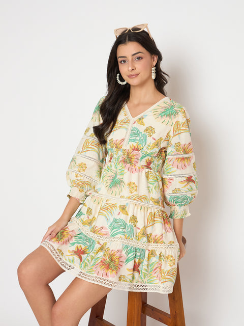 Madame Floral Print Tiered Off White Mini Dress