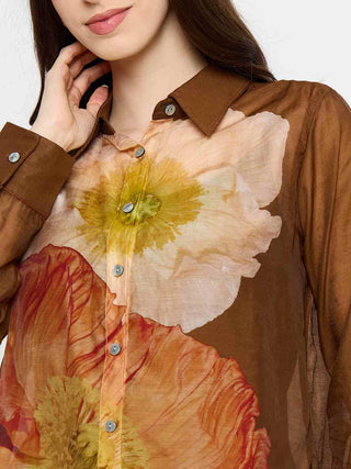 Madame Floral Print Tencel Blend Brown Shirt