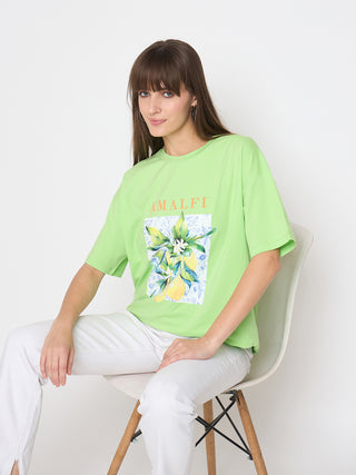 Madame Botanical Print Short Sleeve Green Cotton Blend T-shirt