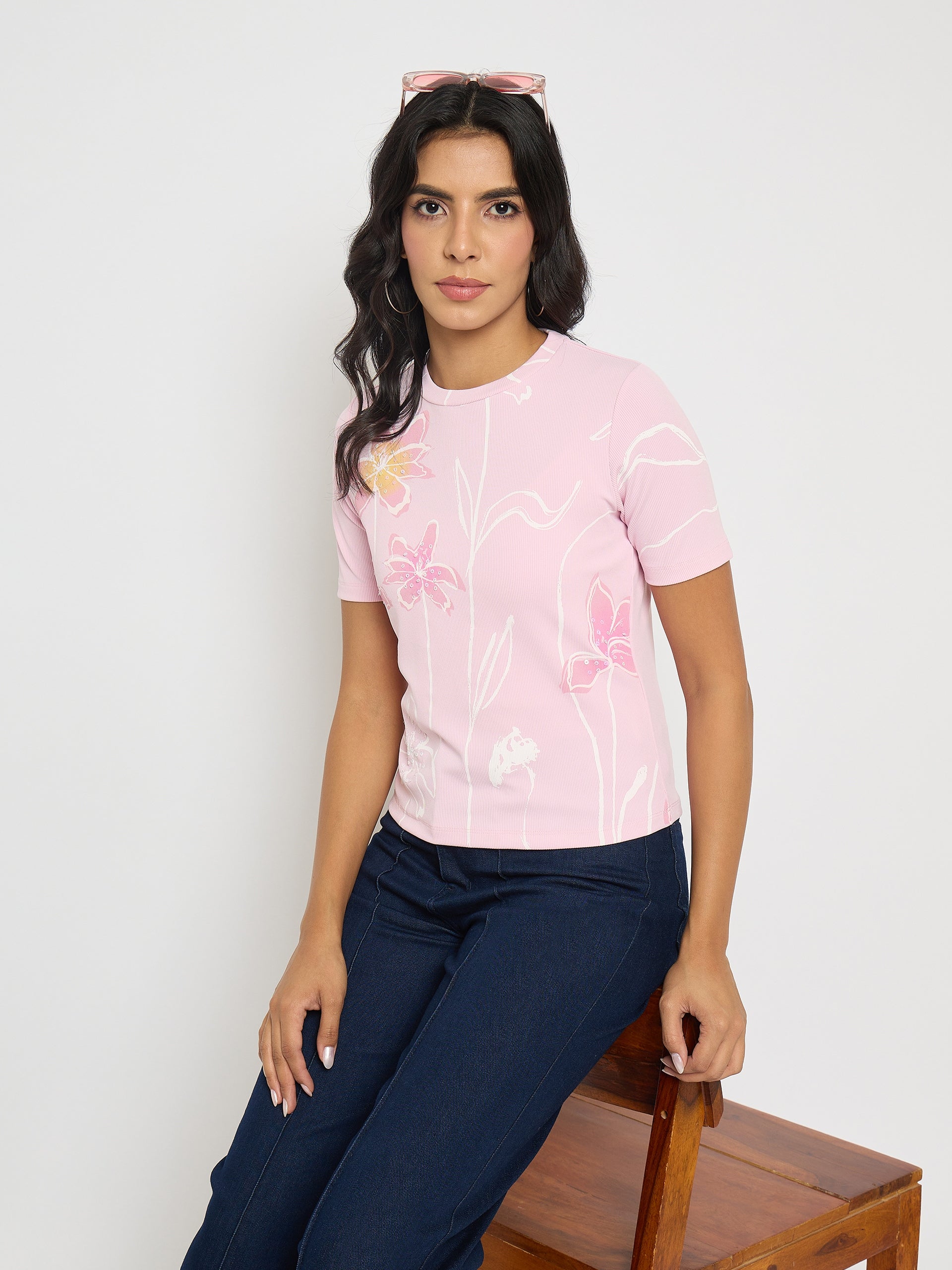 Madame Floral Print Sequin Detailed Pink T-Shirt color swatch
