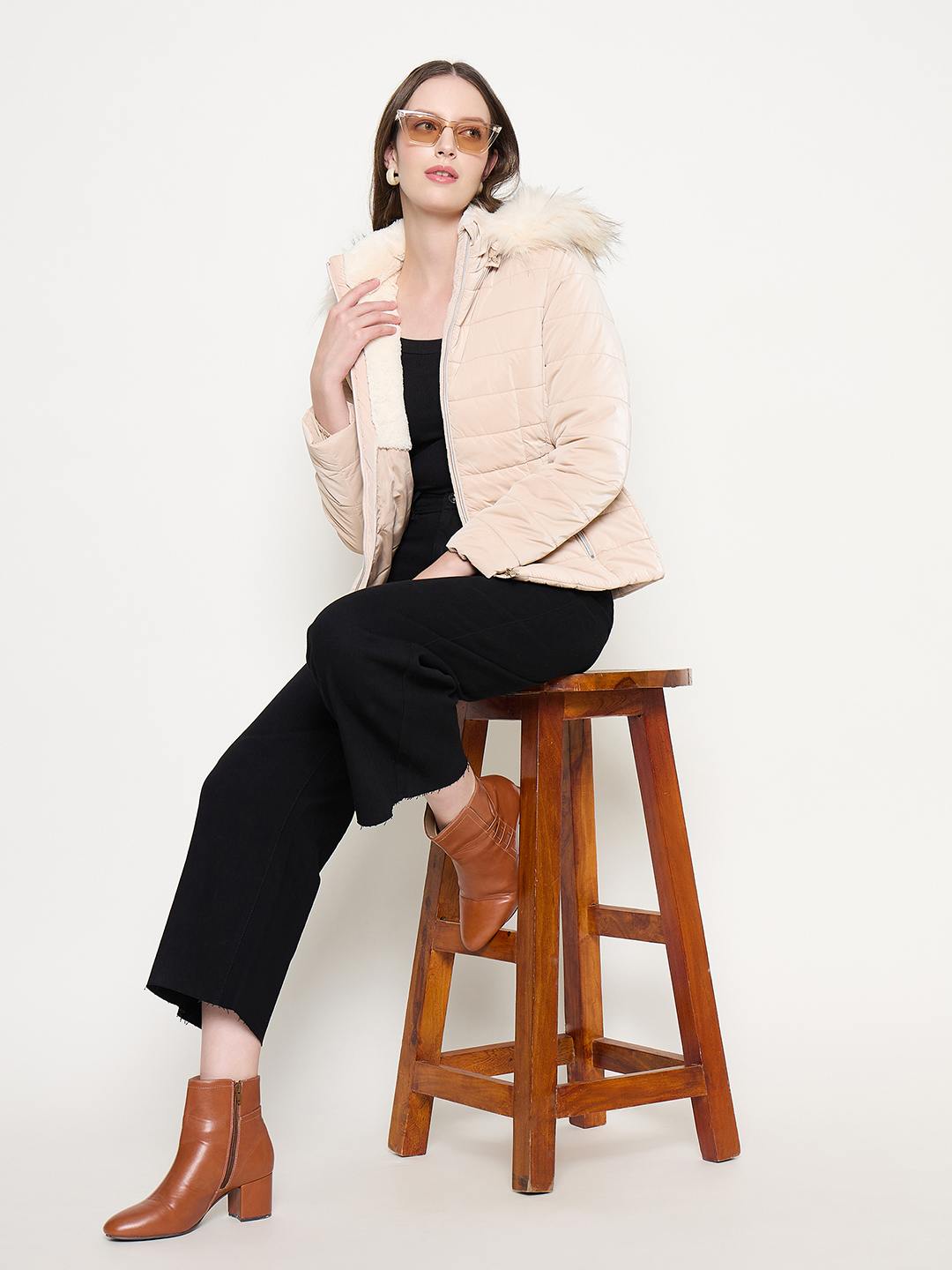 Madame Nylon Detachable Hood Quilted Brown Short Jacket color swatch