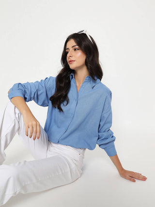 Madame Linen Blend Solid Cobalt Blue Shirt