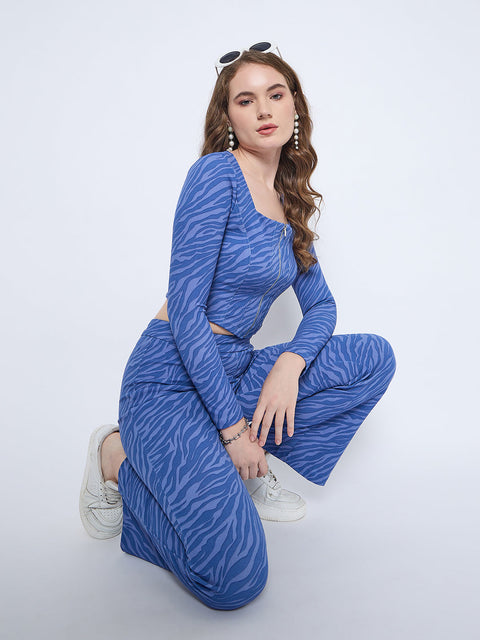 Madame Animal Print Zipped Top and Flared Bottom Blue Ensemble