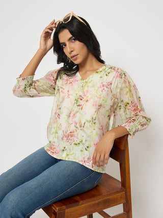 Madame Floral Print Ruffle Detail Cotton Green Peplum Top