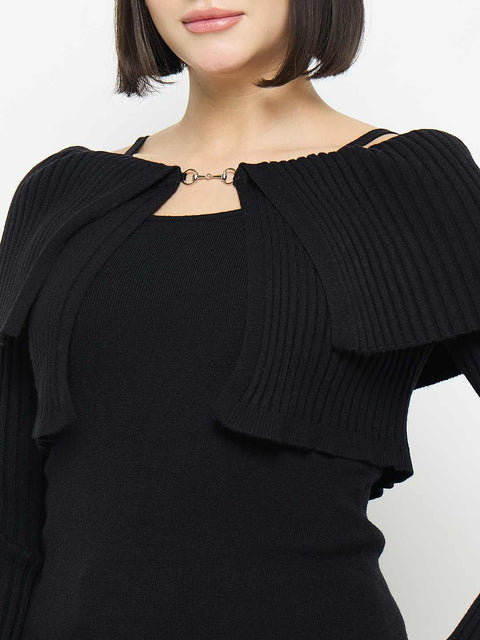 Madame Cami Neck Flutter Detailing Black Sweater