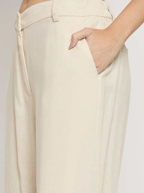 Madame Beige Rayon Linen Straight Fit Ankle Trousers