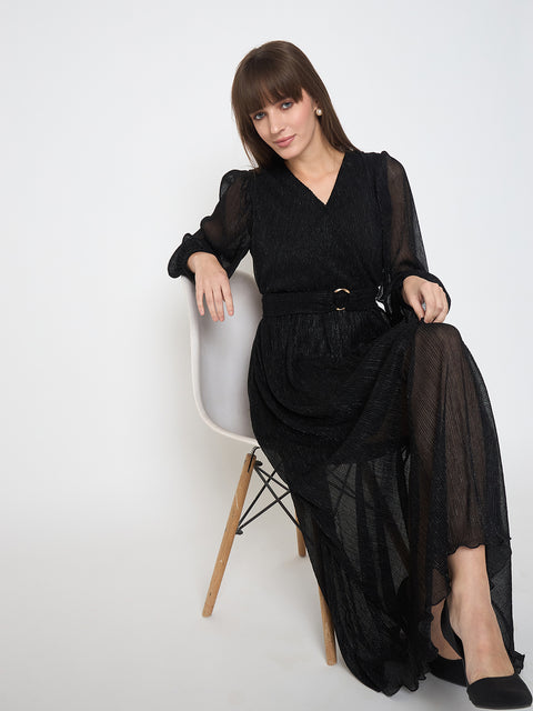 Madame Pliss Self Design Belted Black Flared Maxi Dress