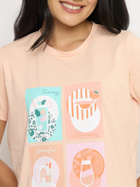 mSECRET Graphic Print Orange Cotton Night Suit