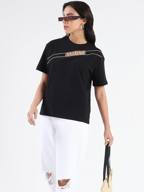 Madame Embellished Cutwork Detail Black Cotton T-shirt