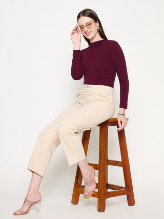 Madame Slash Pocketed Straight Fit Belted Solid Ivory Trousers