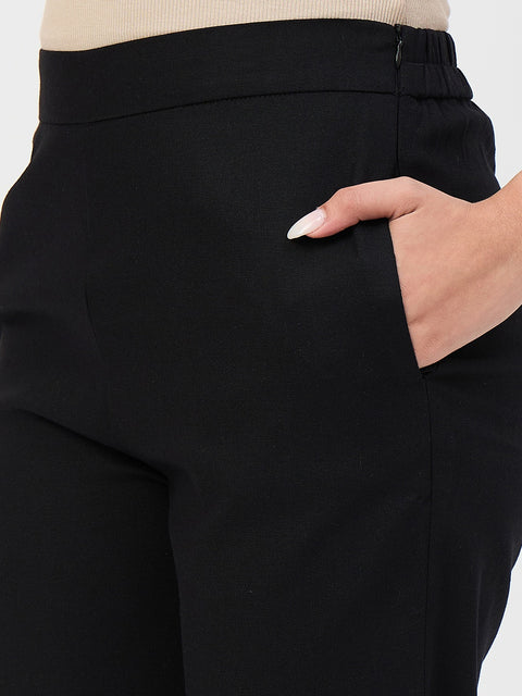 Madame Black Elastic Waist Linen-Blend Trousers