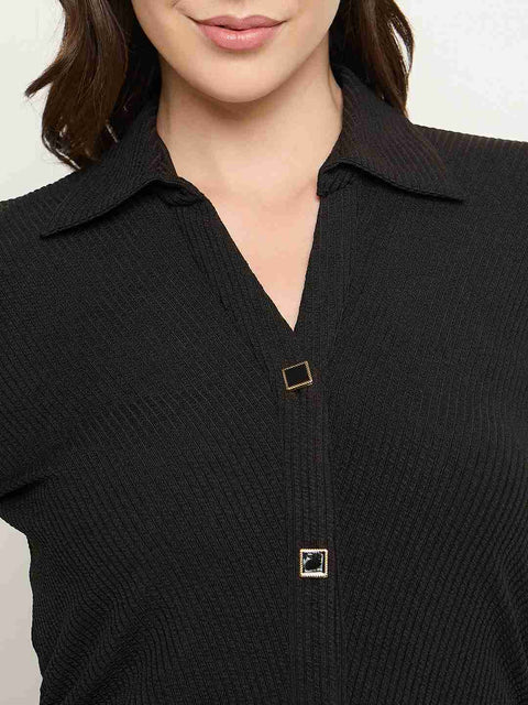 Madame Button Down Black Bodycon Midi Dress