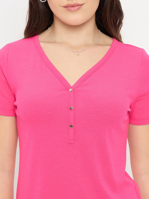 Madame Hot Pink V-Neck T-Shirt with Button Placket