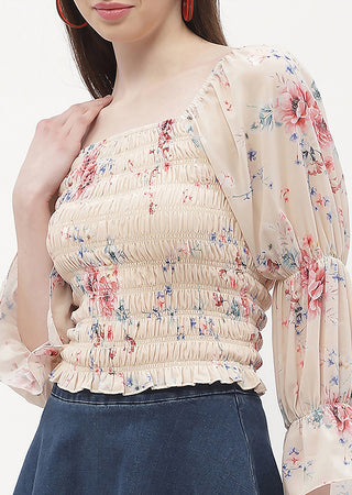 Madame Floral Beige Smocked Top