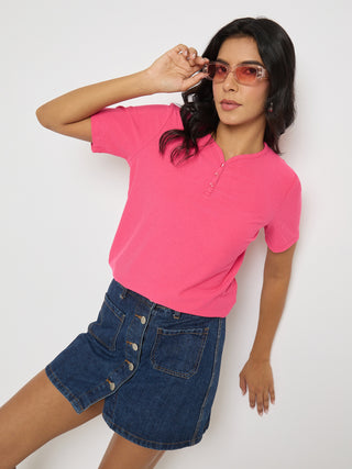 Madame Henley Neck Solid Hot Pink T-Shirt