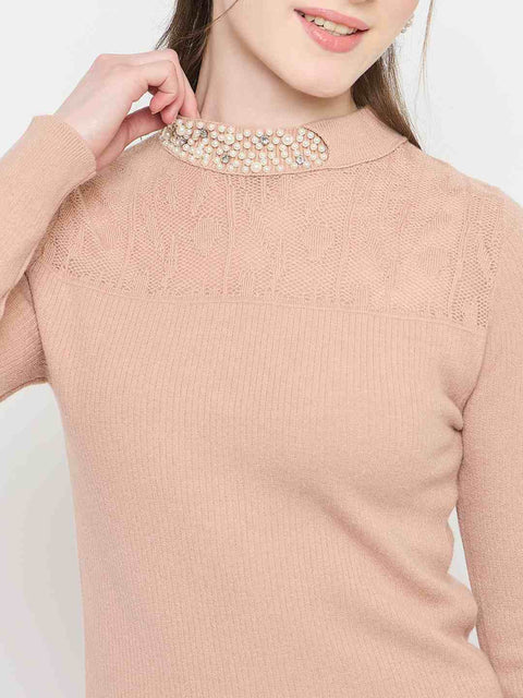 Madame Mock Neck Embellished Peach Sweater