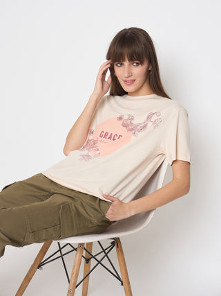 Madame Sinker Graphic Print Foil Detailed Beige Tshirt