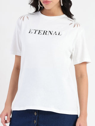 Madame Printed Embroidery Cutwork White Crop T-shirt