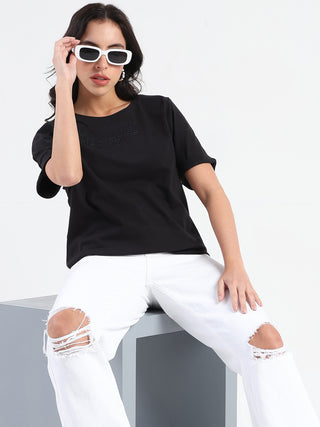 Madame Embroidery Cutwork Detail Solid Black Cotton T-shirt