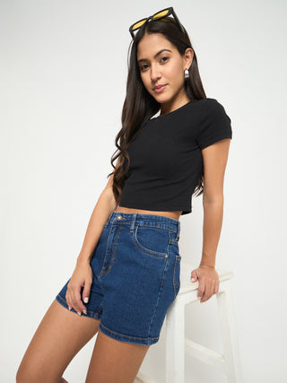 Madame Cotton Blend Solid Mid Blue Denim Shorts