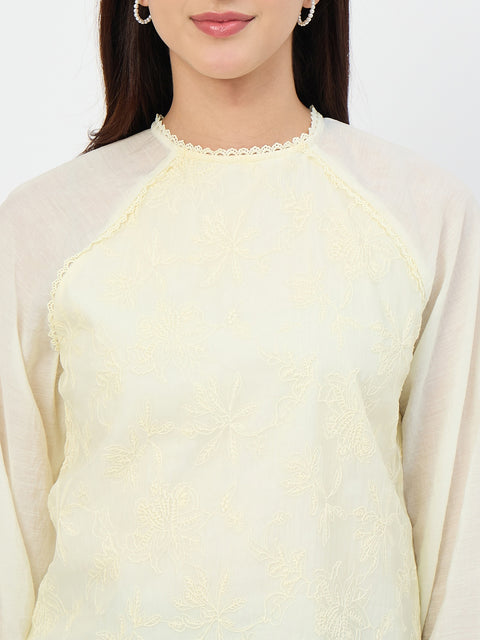 Madame Butter Yellow Embroidered Bishop-Sleeve Viscose Top