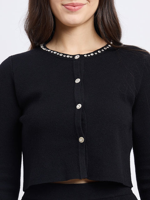 Madame Embellished Feather Trim Black Knit Co-ord Set