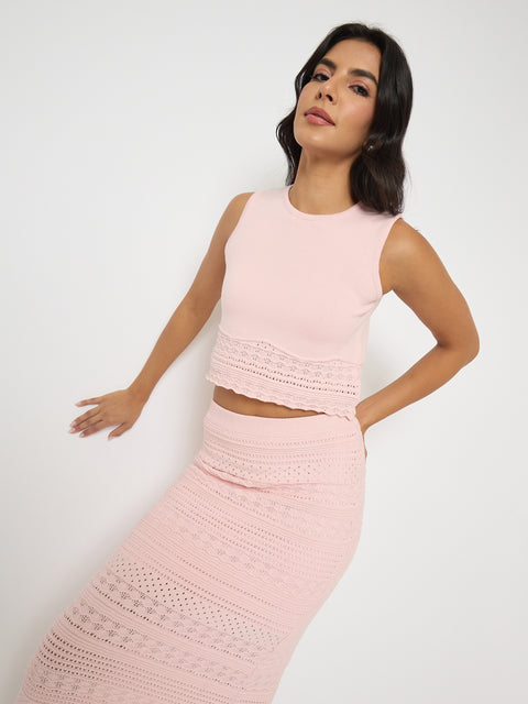 Madame Schiffli Top and Skirt Pink Cotton Knit Co-ord Set