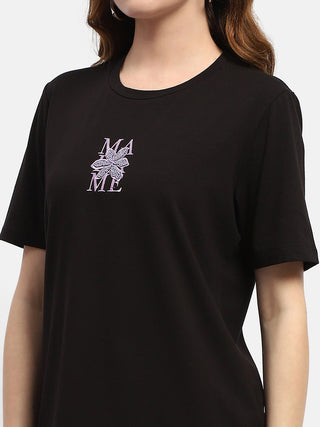 Madame Embroidered Black Regular T-Shirt