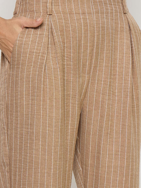 Madame Textured Brown Viscose Tapered Trousers