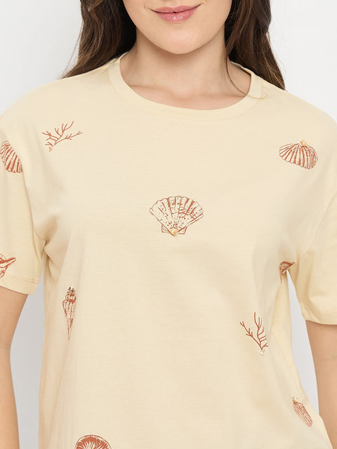Madame Beige Printed Cotton Round Neck T-Shirt