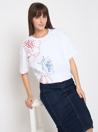 Madame Printed Handwork Detail White Sinker T-shirt