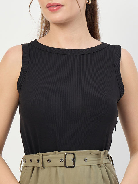 Madame Black Belted Viscose Blend A-Line Midi Dress