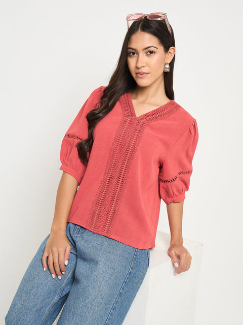 Madame Lace Detailed V-Neck Solid Red Knit Top
