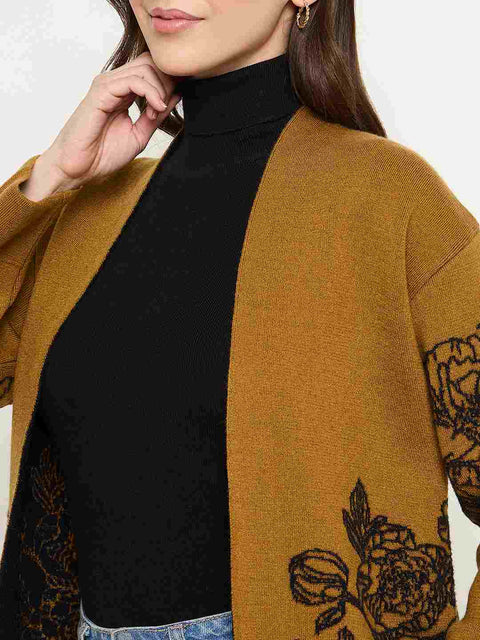 Madame Floral Print Tan Brown Open Long Shrug