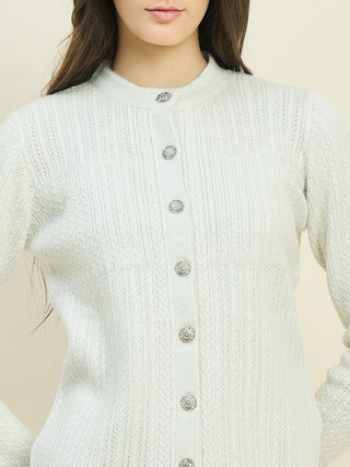 Madame Off White Round Neck Cardigan with Buttons