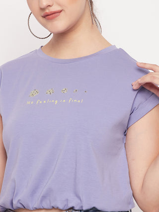 Madame Solid Violet Typography Cuffed Half Sleeves Elasticated Waist Top