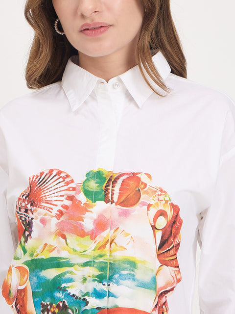 Madame White Graphic Print Cotton Full Sleeve Shirt
