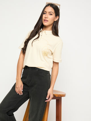 Madame Botanical Print Beige Cotton Blend Polo T-shirt