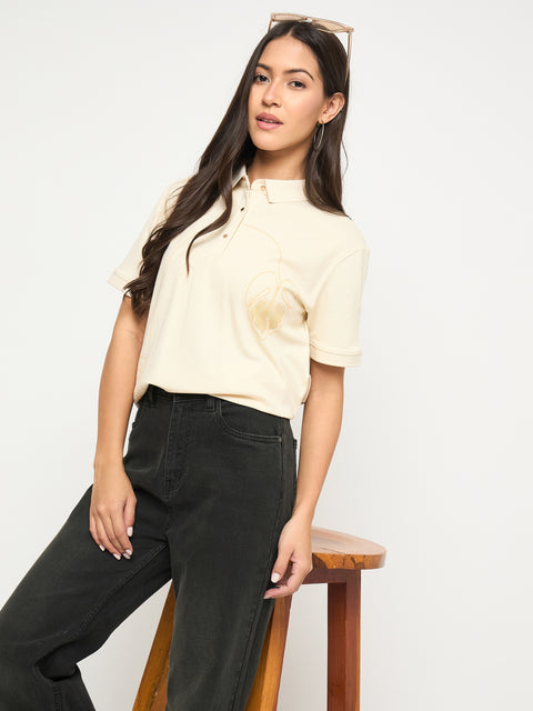 Madame Botanical Print Beige Cotton Blend Polo T-shirt