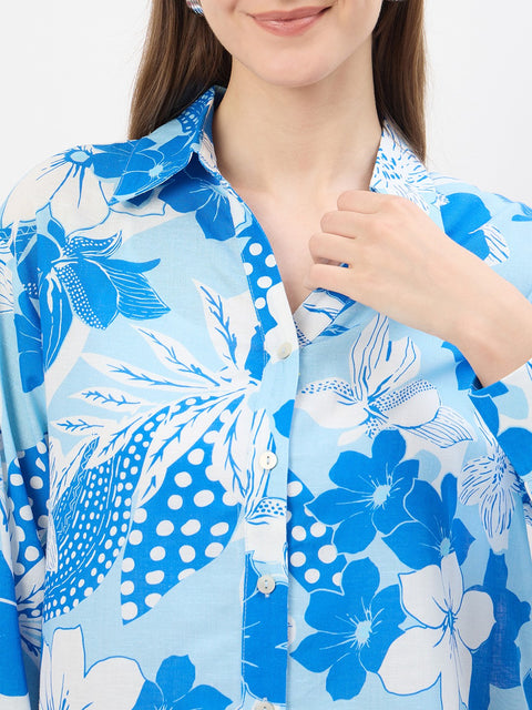 Madame Printed Blue Viscose Blend Shirt